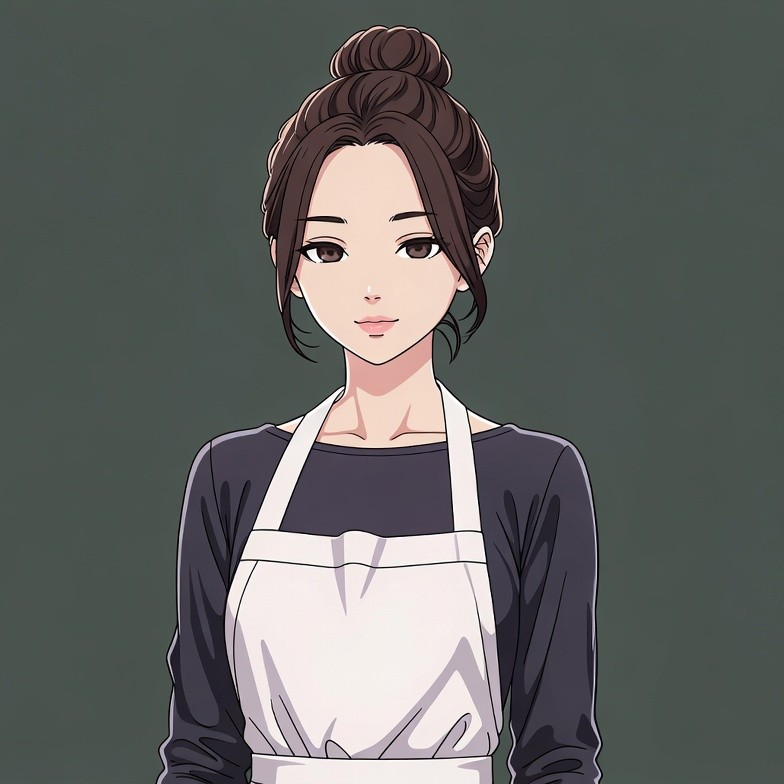 Anime woman wearing white apron Anime woman wearing white apron