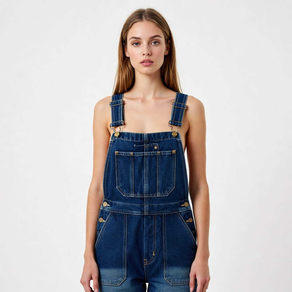 Woman wearing blue overalls Woman wearing blue overalls