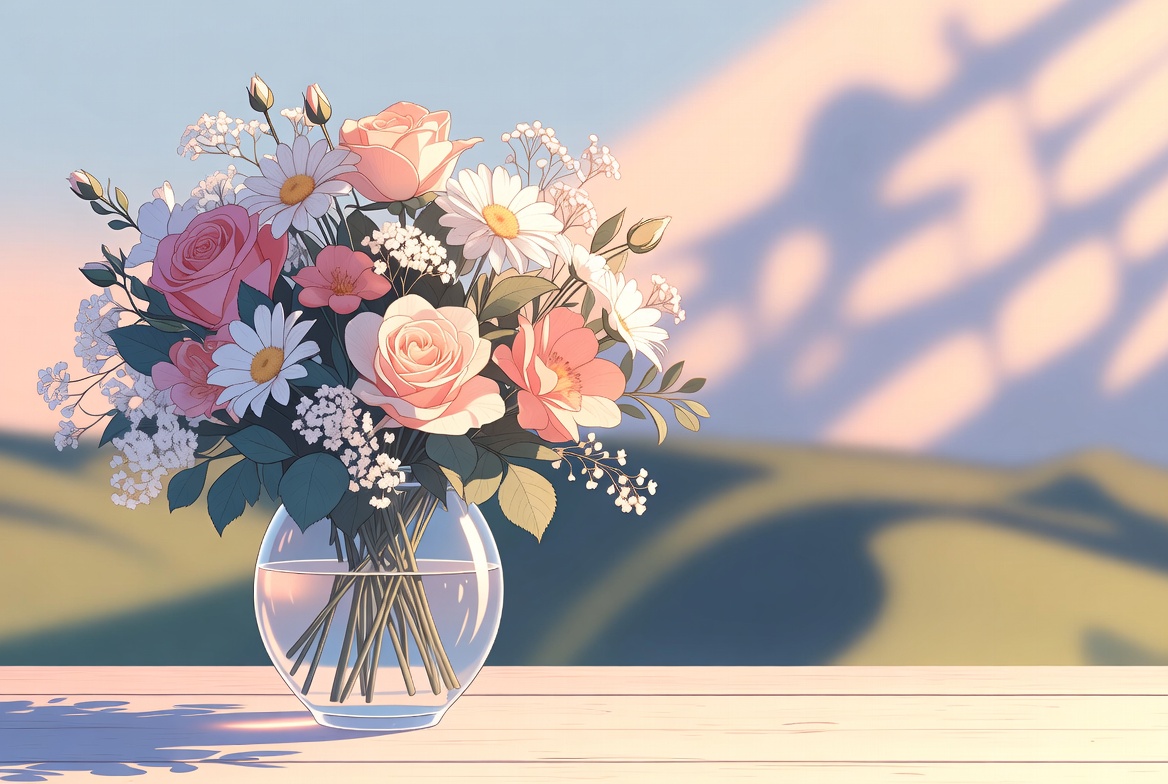 Pink Roses Bouquet in Glass Vase Pink Roses Bouquet in Glass Vase