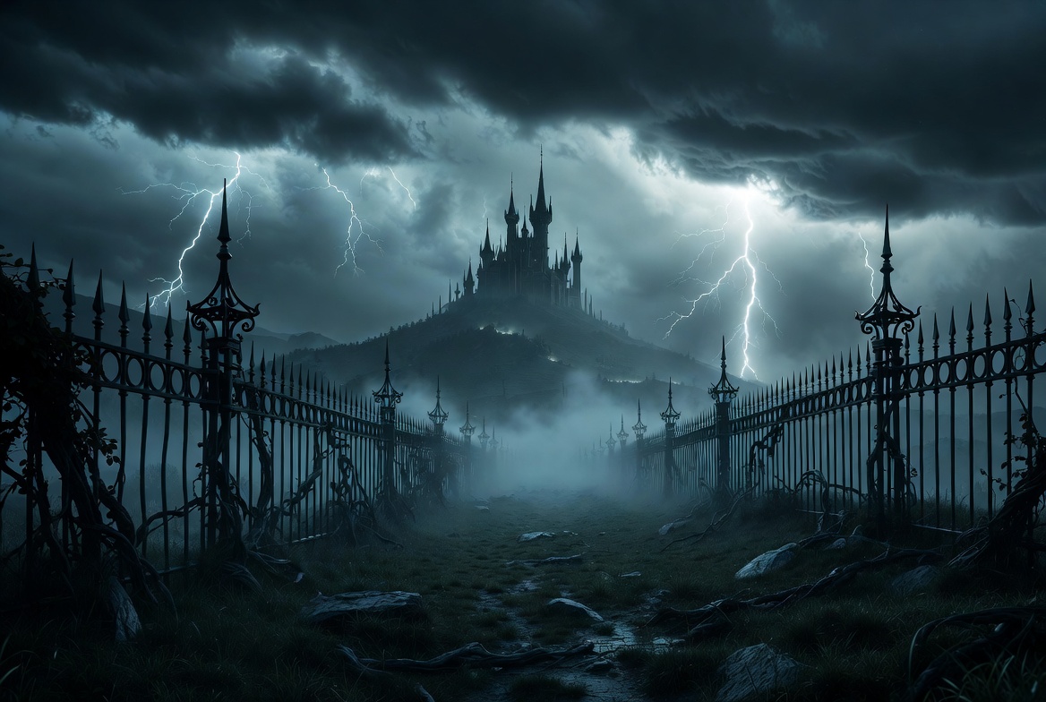 Dark Gothic Castle in Stormy Lightning Dark Gothic Castle in Stormy Lightning