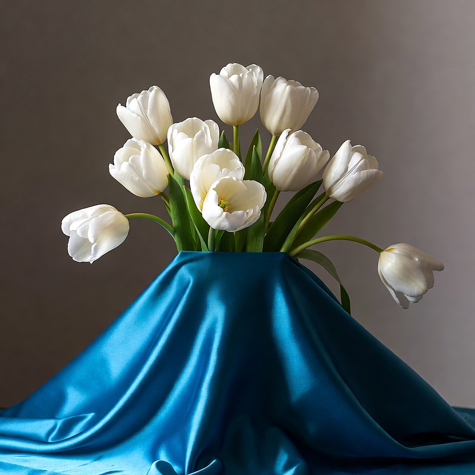 White Tulips on Blue Fabric White Tulips on Blue Fabric