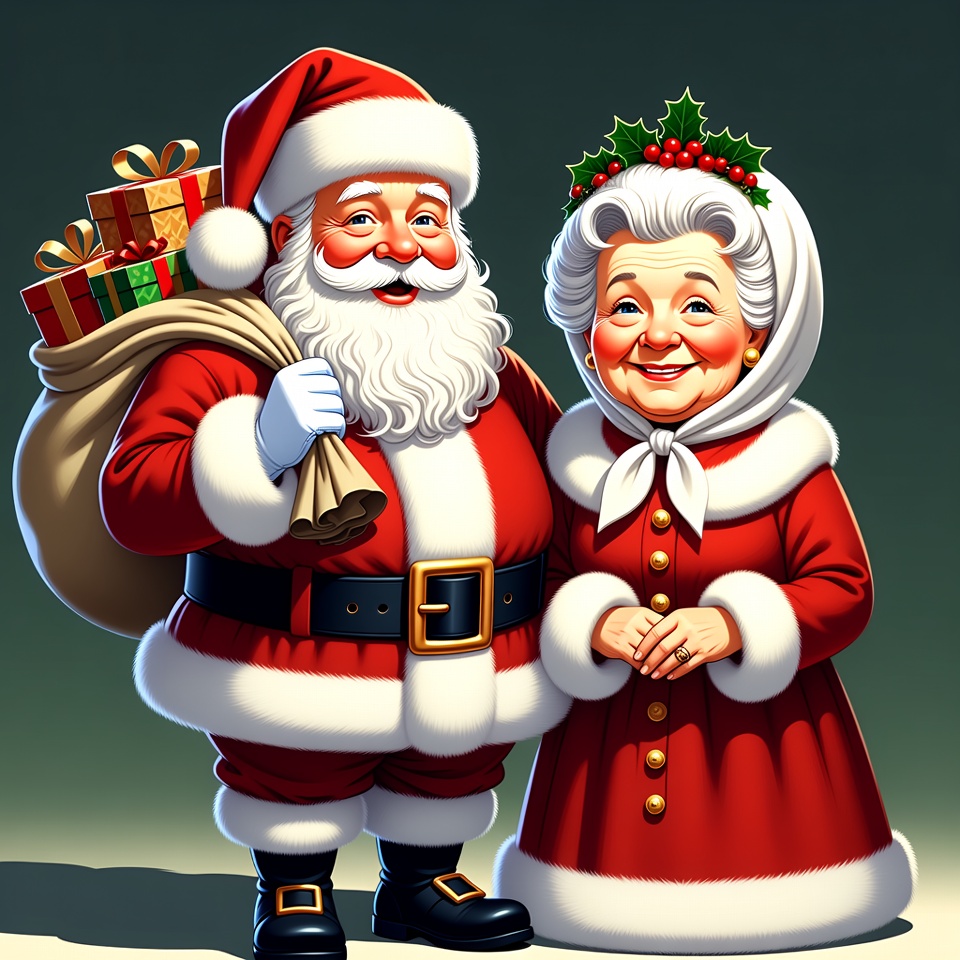 Santa Claus and Mrs. Claus with gifts Santa Claus and Mrs. Claus with gifts