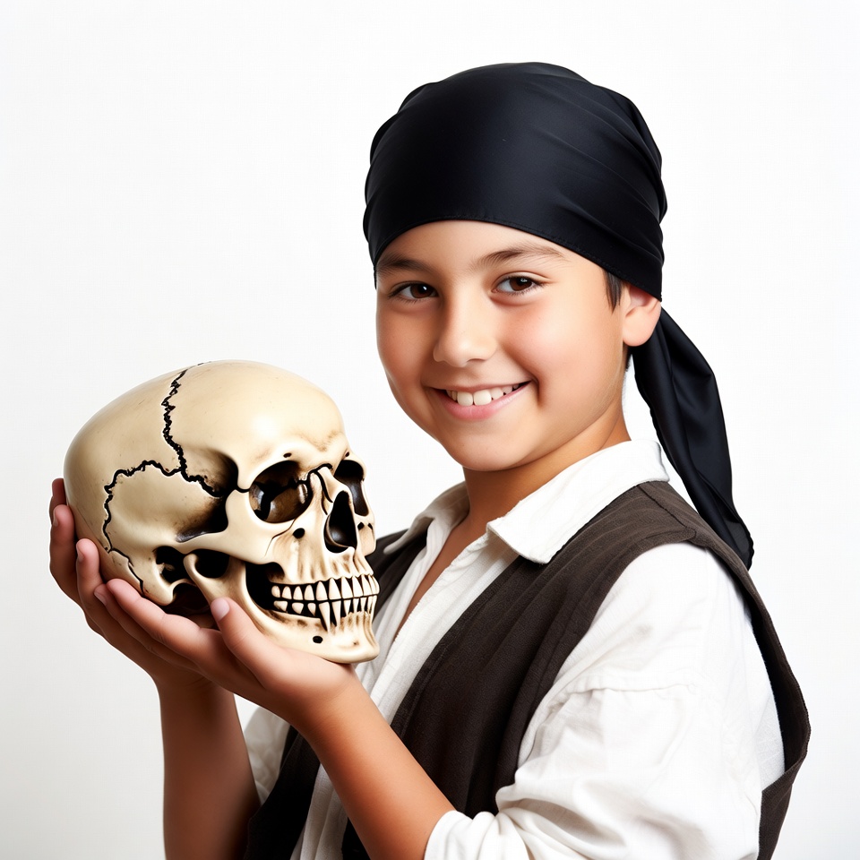 Boy holding skull in pirate costume Boy holding skull in pirate costume