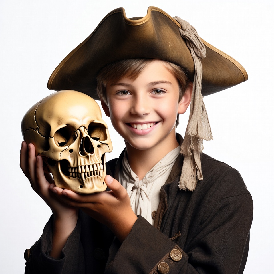 Boy holding skull in pirate costume Boy holding skull in pirate costume