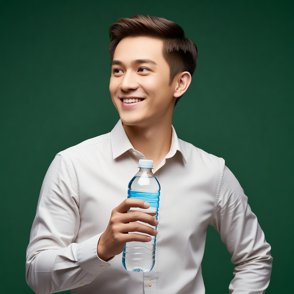 Asian man holding water bottle Asian man holding water bottle