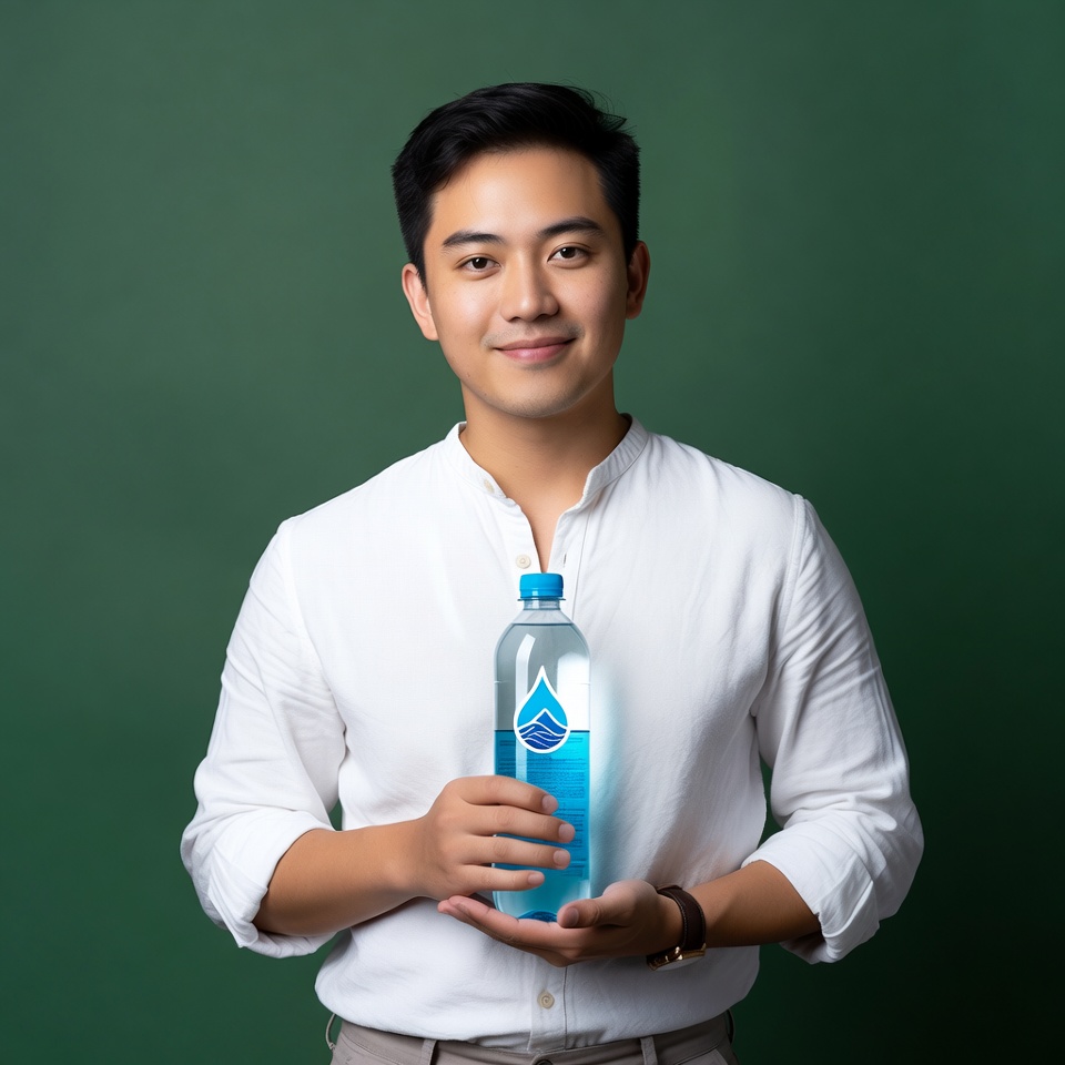Asian man holding blue water bottle Asian man holding blue water bottle