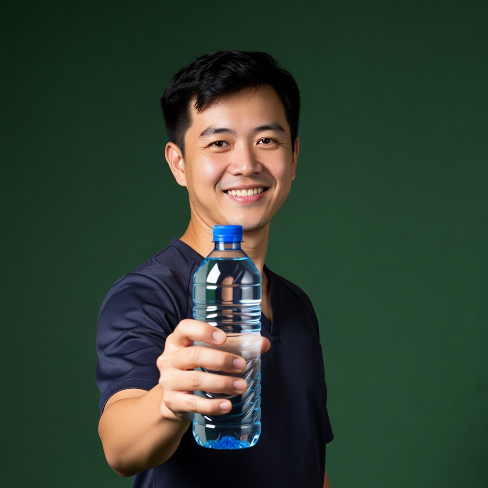 Asian man holding water bottle Asian man holding water bottle