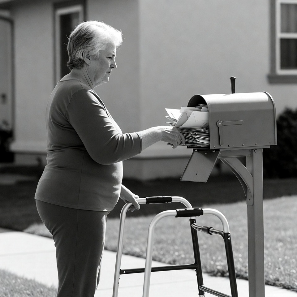 Elderly woman checking mailbox with walker Elderly woman checking mailbox with walker
