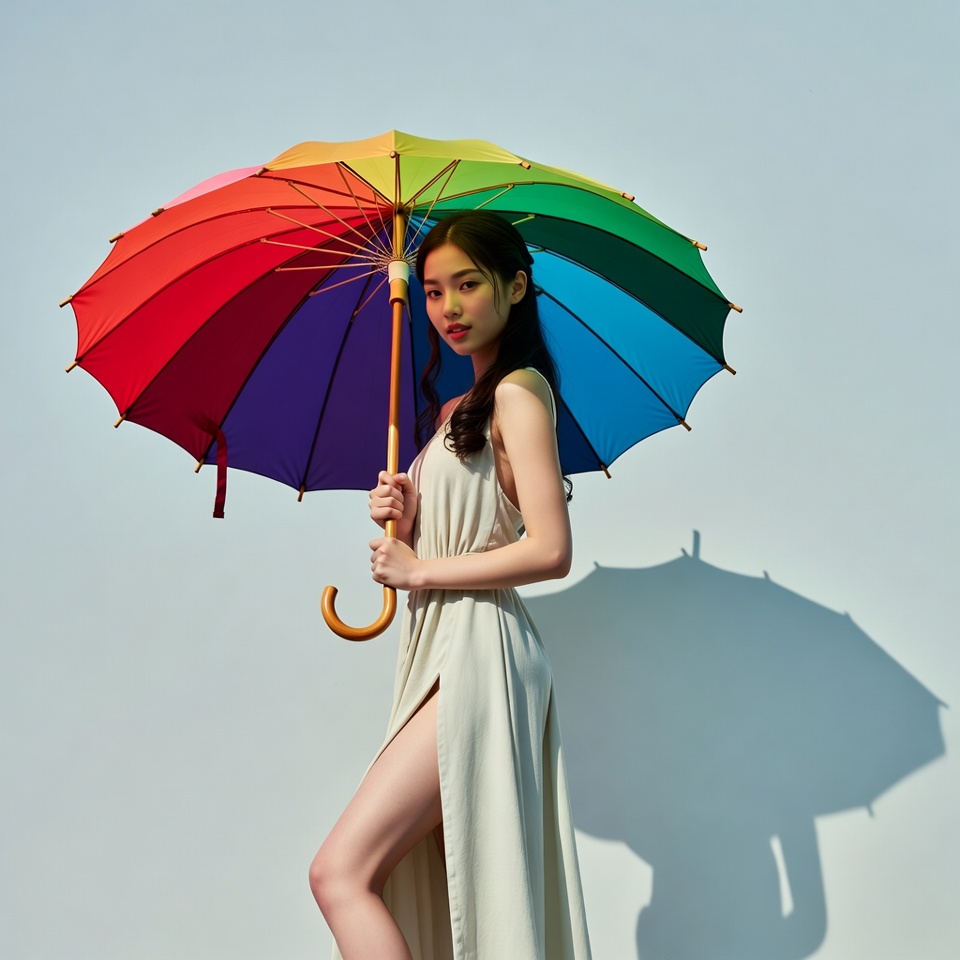 Asian woman holding rainbow umbrella Asian woman holding rainbow umbrella
