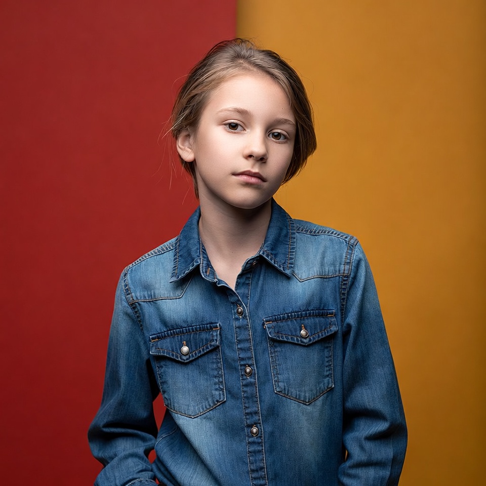 Girl in denim shirt against red yellow background Girl in denim shirt against red yellow background