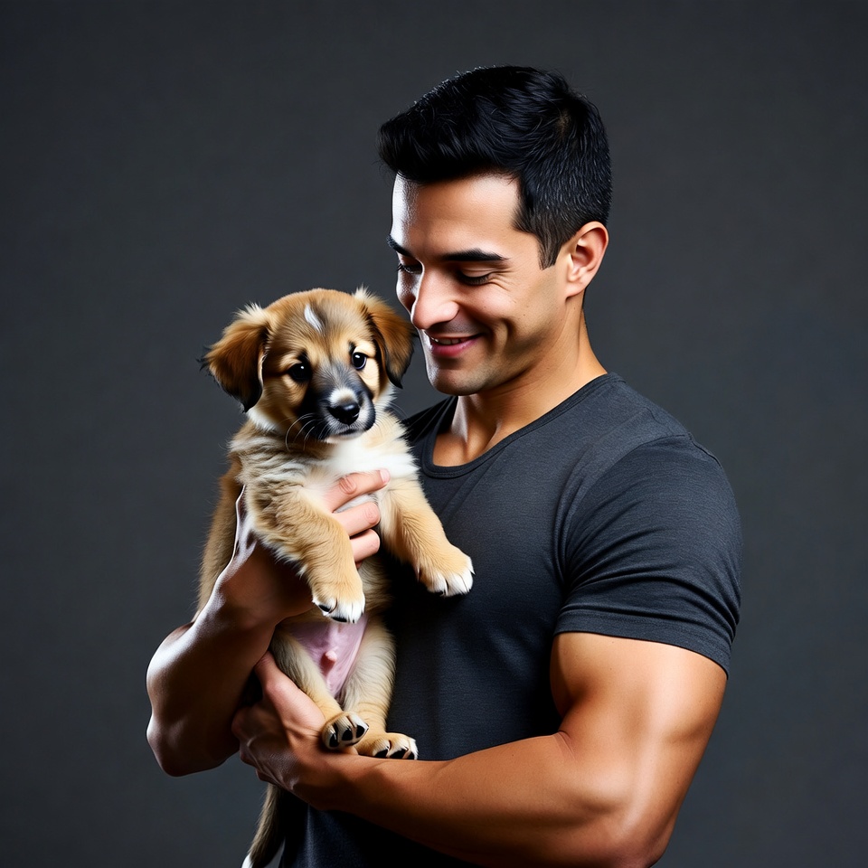 Muscular man holding cute puppy Muscular man holding cute puppy