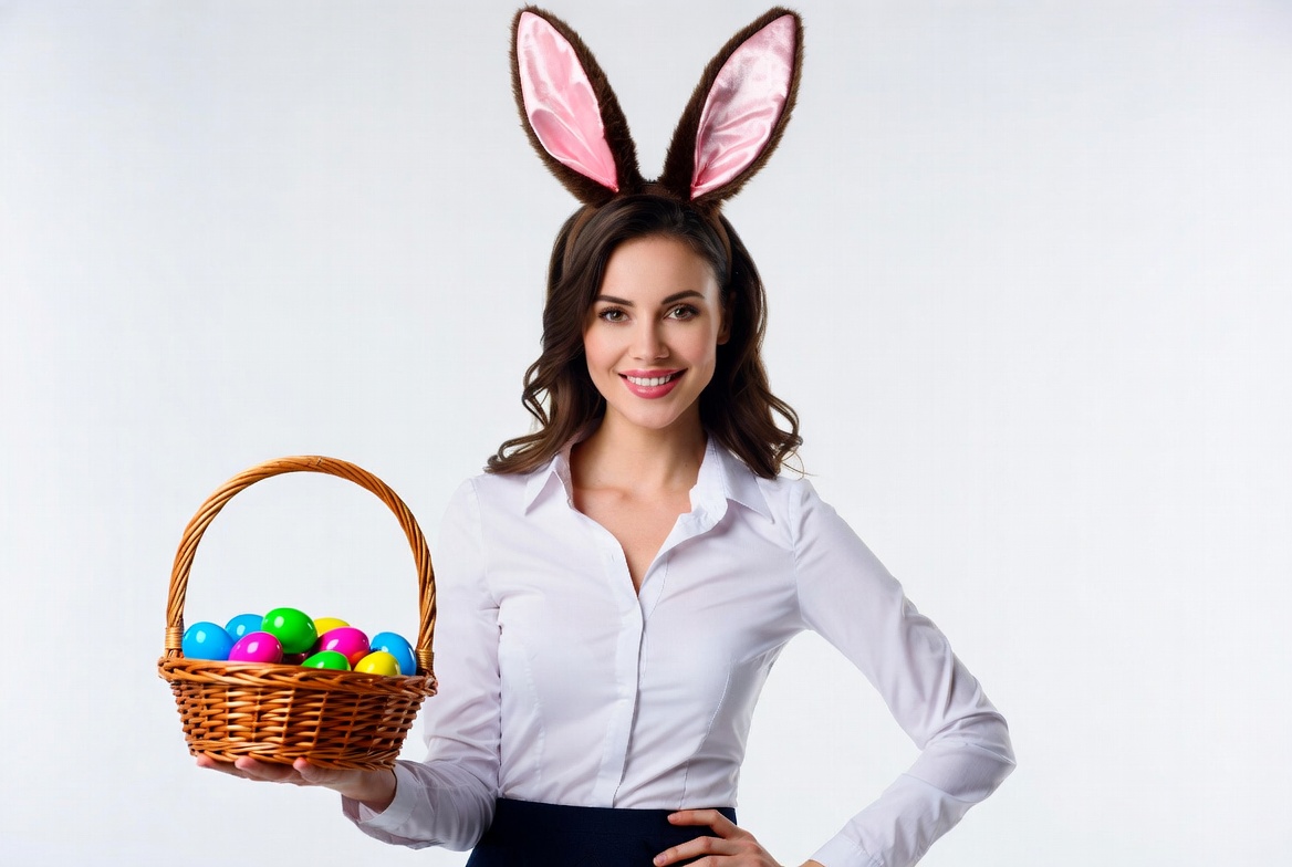 Woman with bunny ears holding Easter basket Woman with bunny ears holding Easter basket