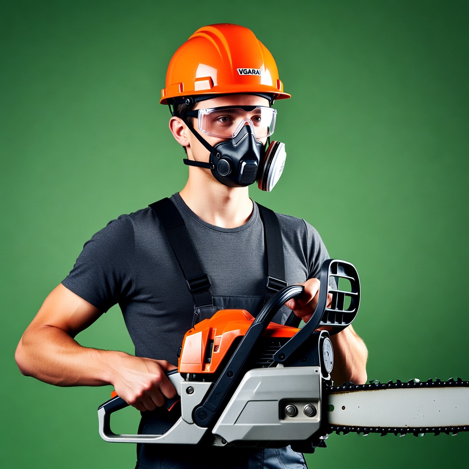 Man holding chainsaw in safety gear Man holding chainsaw in safety gear