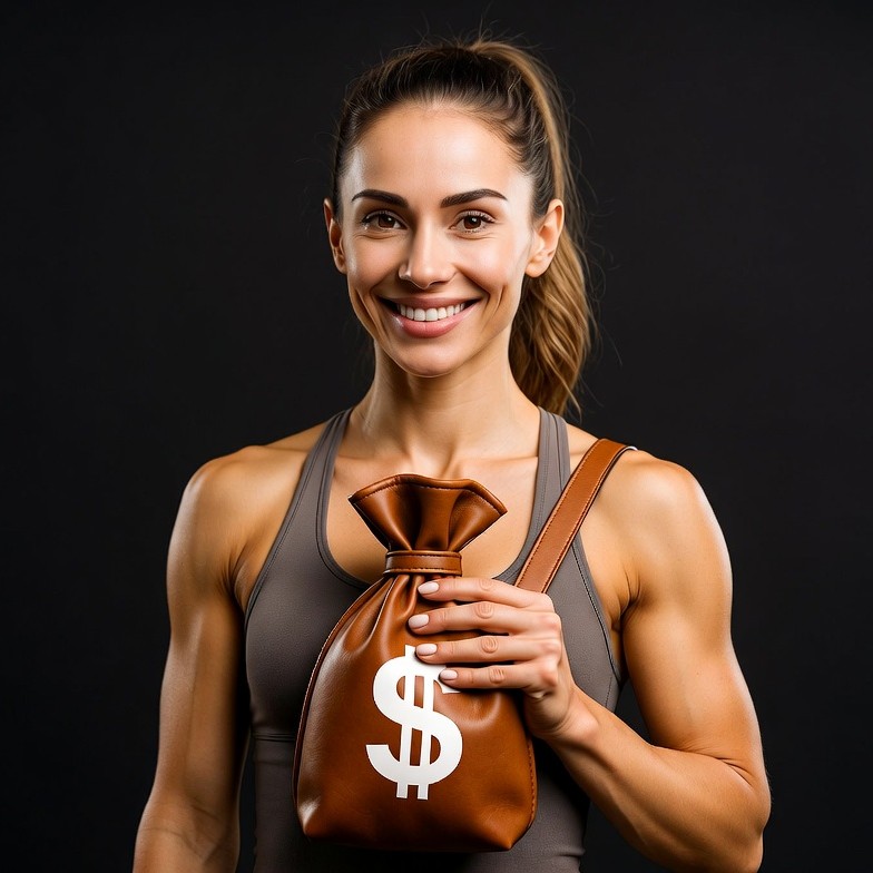 Fit woman holding money bag Fit woman holding money bag