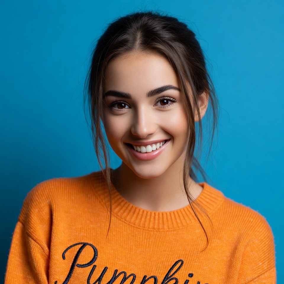 Smiling woman in pumpkin sweater Smiling woman in pumpkin sweater