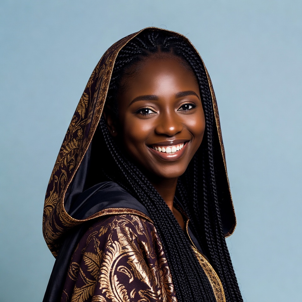 Smiling African-American woman in braided hood Smiling African-American woman in braided hood
