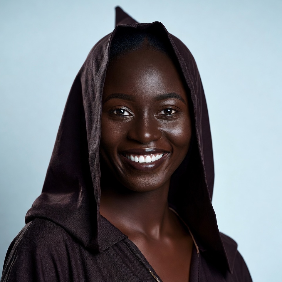 African woman smiling in hooded robe African woman smiling in hooded robe