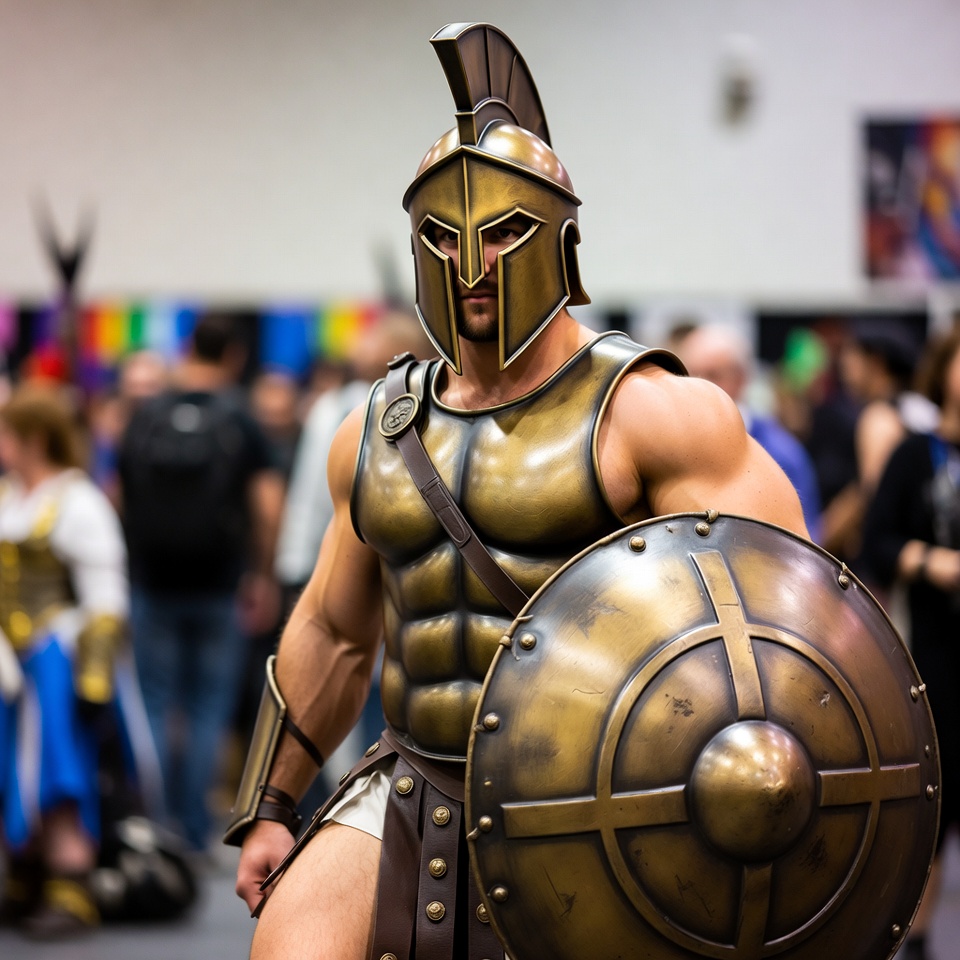 Muscular man in Spartan armor with shield Muscular man in Spartan armor with shield