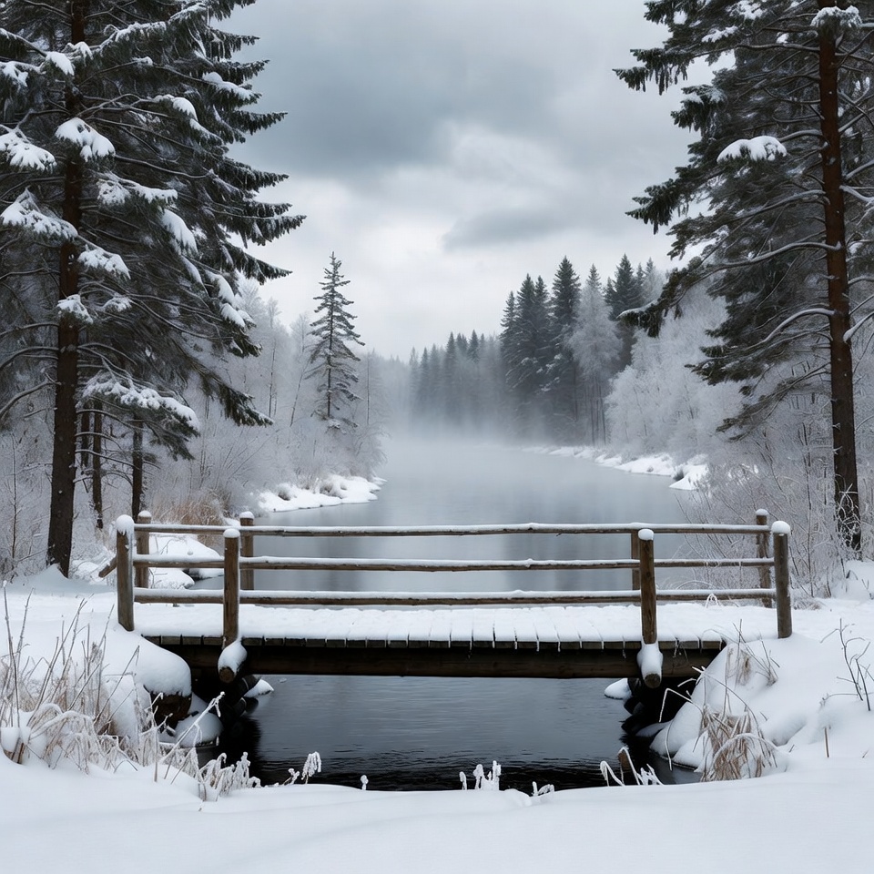 Snowy Wooden Bridge Over Foggy River Snowy Wooden Bridge Over Foggy River