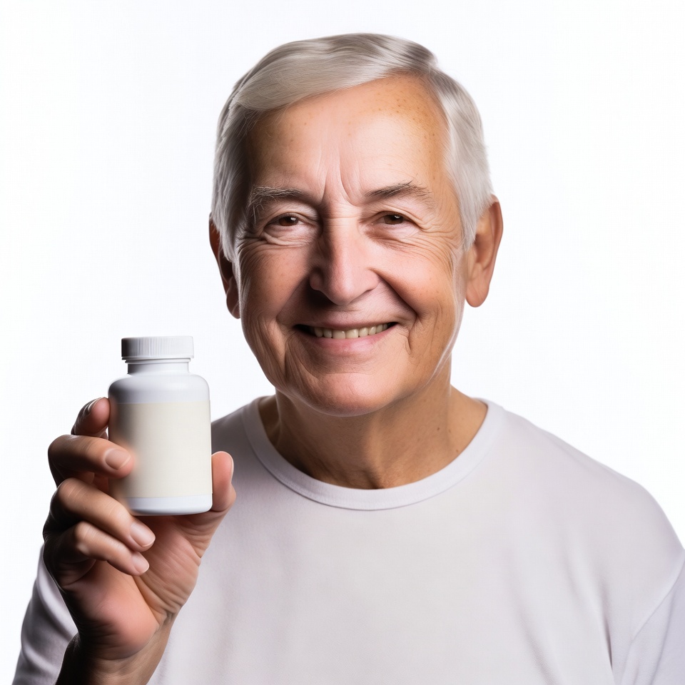 Elderly man holding white pill bottle Elderly man holding white pill bottle