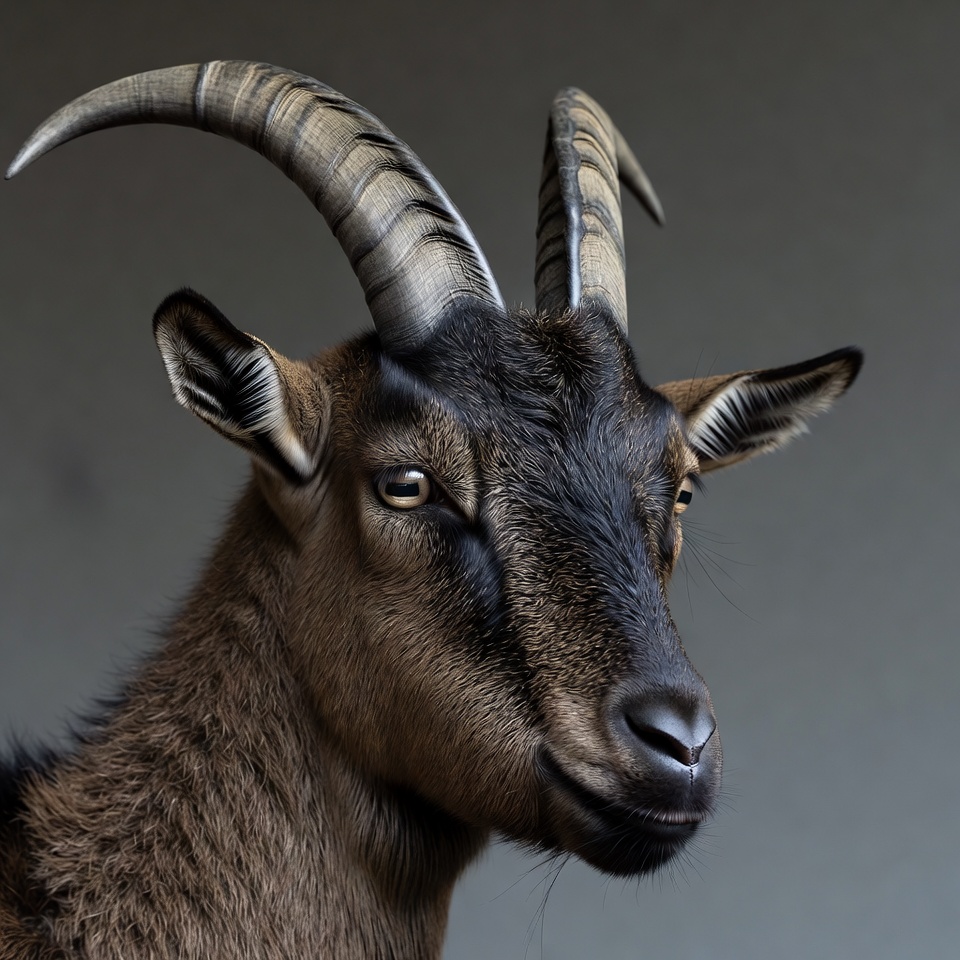 Closeup of goat with curved horns Closeup of goat with curved horns