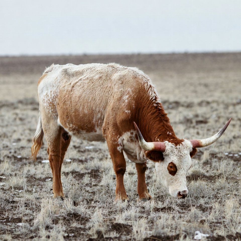 Longhorn cow grazing in field Longhorn cow grazing in field