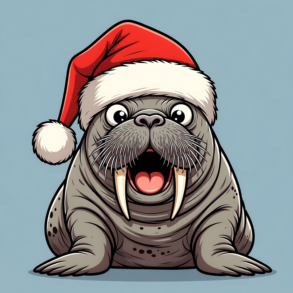 Cartoon Walrus Wearing Santa Hat Cartoon Walrus Wearing Santa Hat