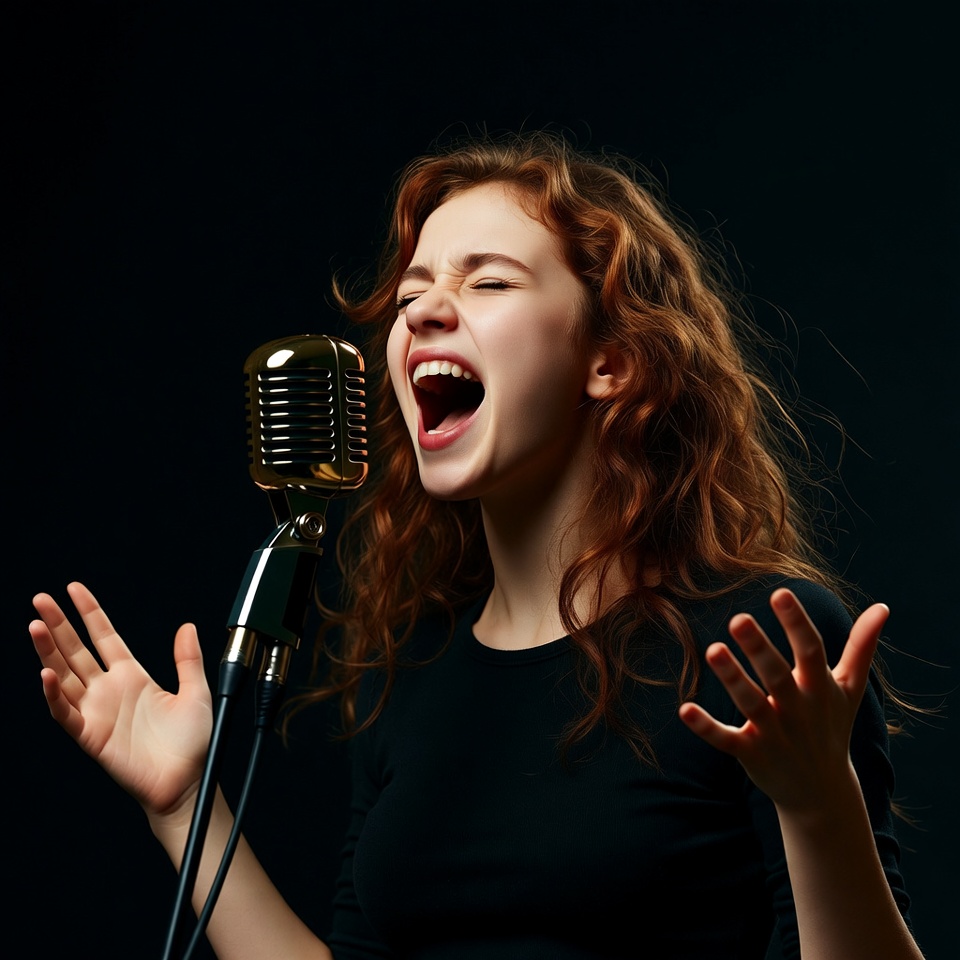 Redhead girl singing into vintage microphone Redhead girl singing into vintage microphone