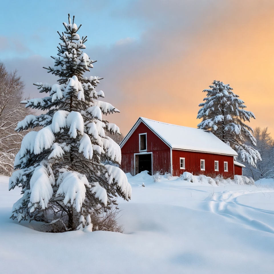 Red Barn Snowy Pine Trees Red Barn Snowy Pine Trees
