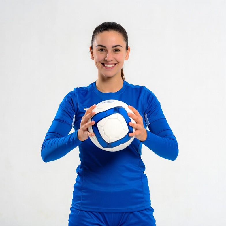 Woman holding volleyball in blue uniform Woman holding volleyball in blue uniform