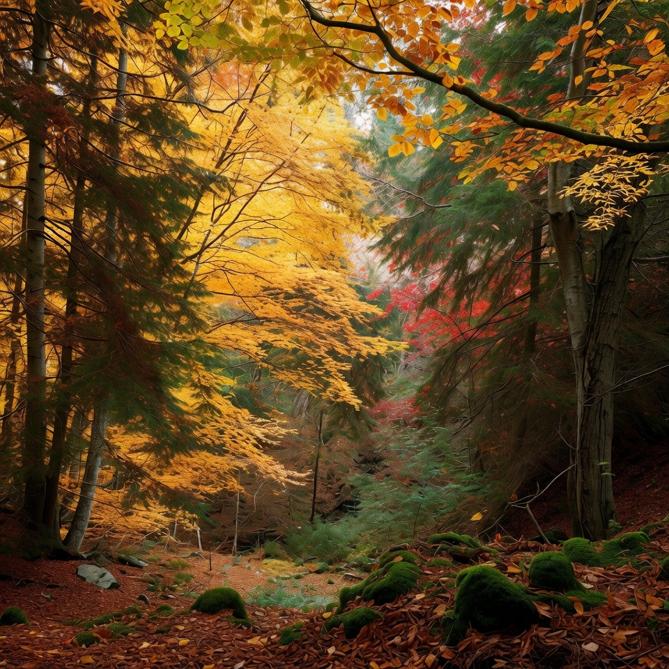 Autumn Forest Path with Colorful Trees Autumn Forest Path with Colorful Trees