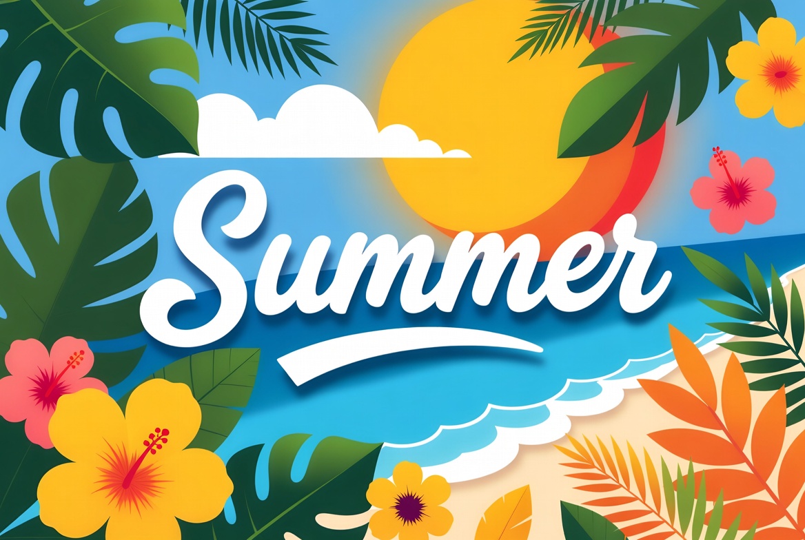 Summer Text with Beach Illustration Summer Text with Beach Illustration