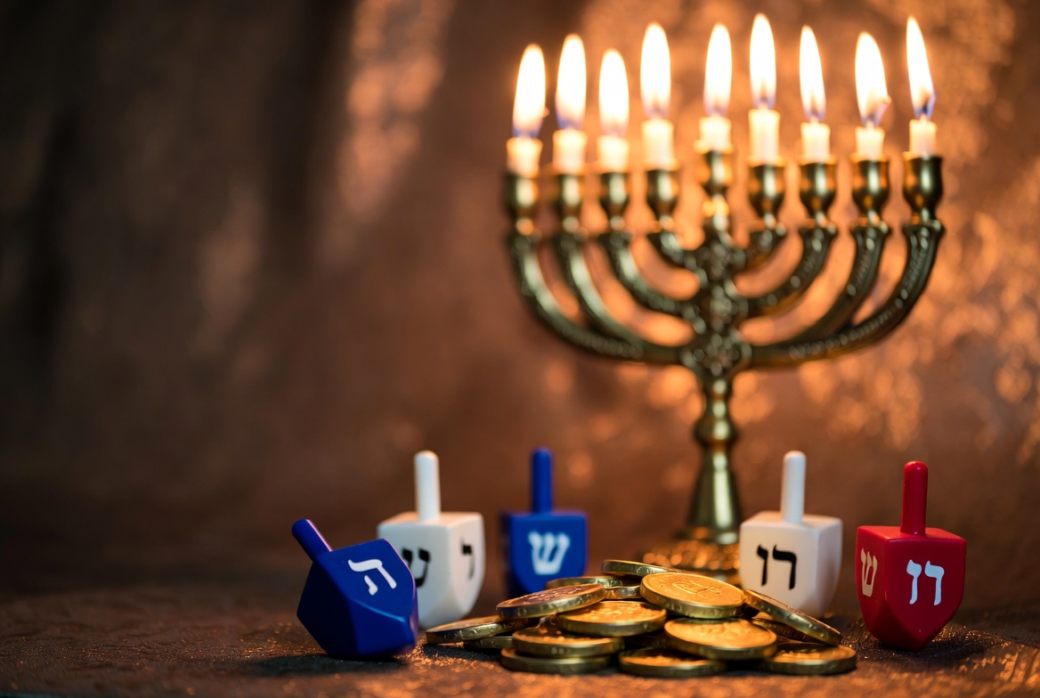 Hanukkah Menorah with Dreidels and Coins Hanukkah Menorah with Dreidels and Coins