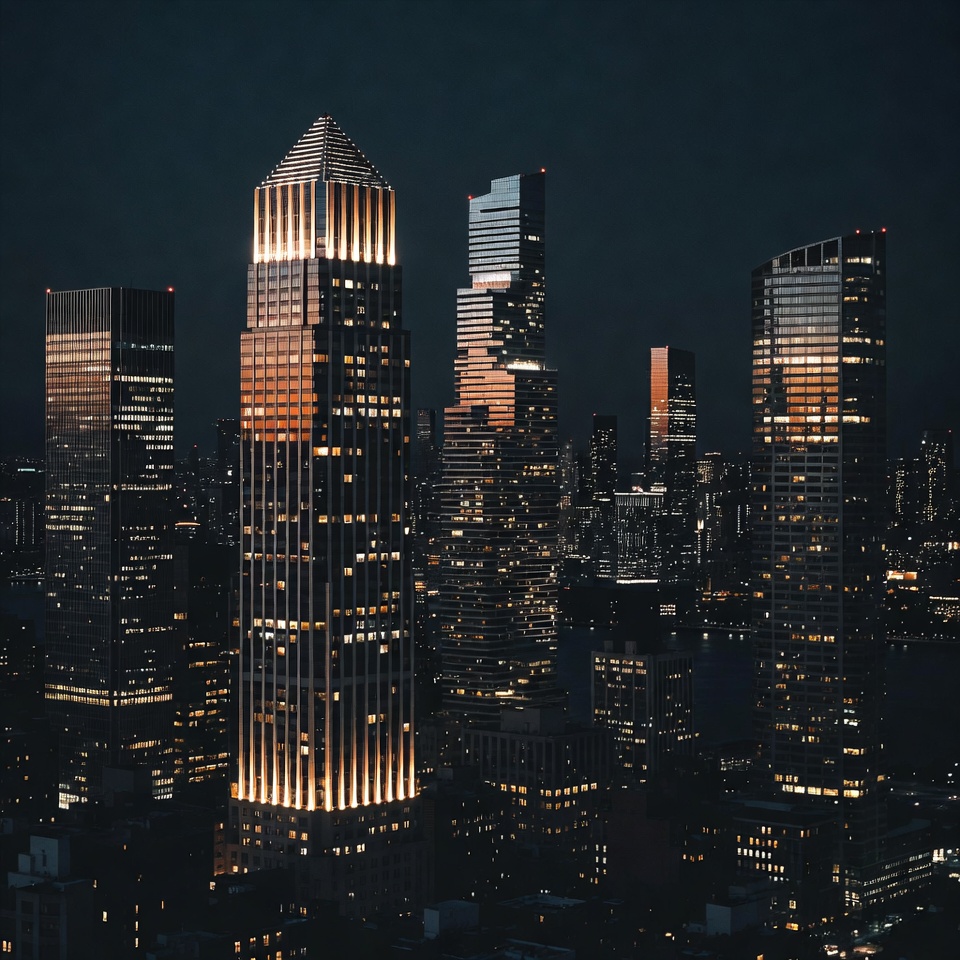 Illuminated Skyscrapers in Night Cityscape Illuminated Skyscrapers in Night Cityscape