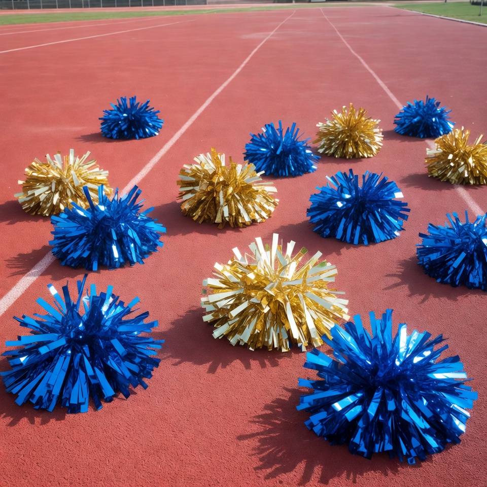 Blue and Gold Pom Poms on Track Blue and Gold Pom Poms on Track