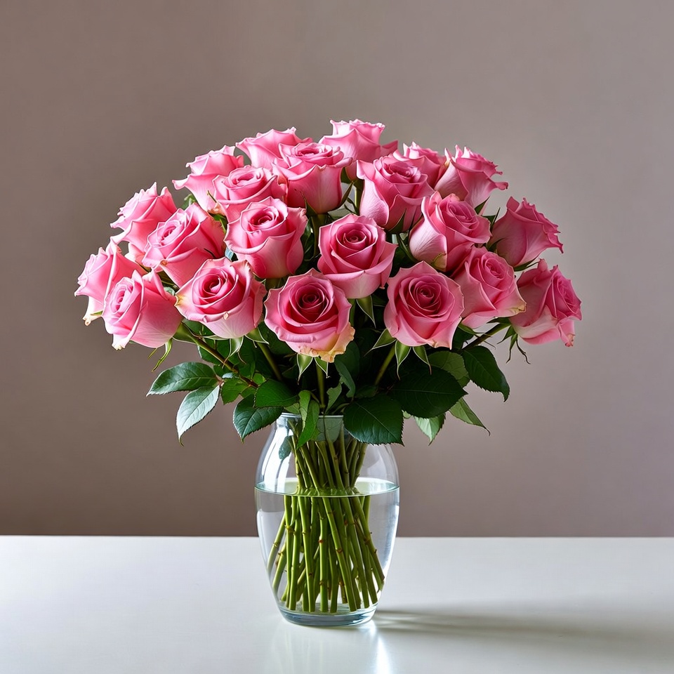 Pink Roses Bouquet in Glass Vase Pink Roses Bouquet in Glass Vase