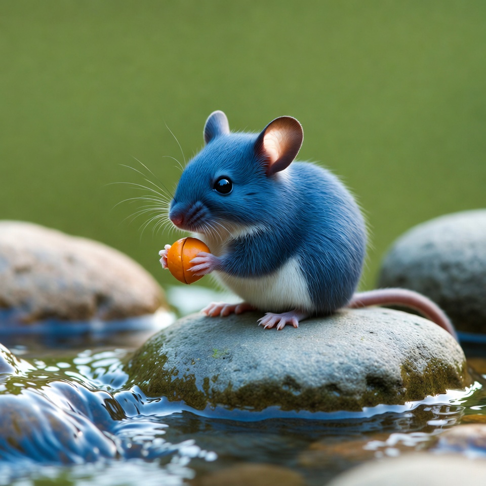 Blue mouse eating orange Blue mouse eating orange