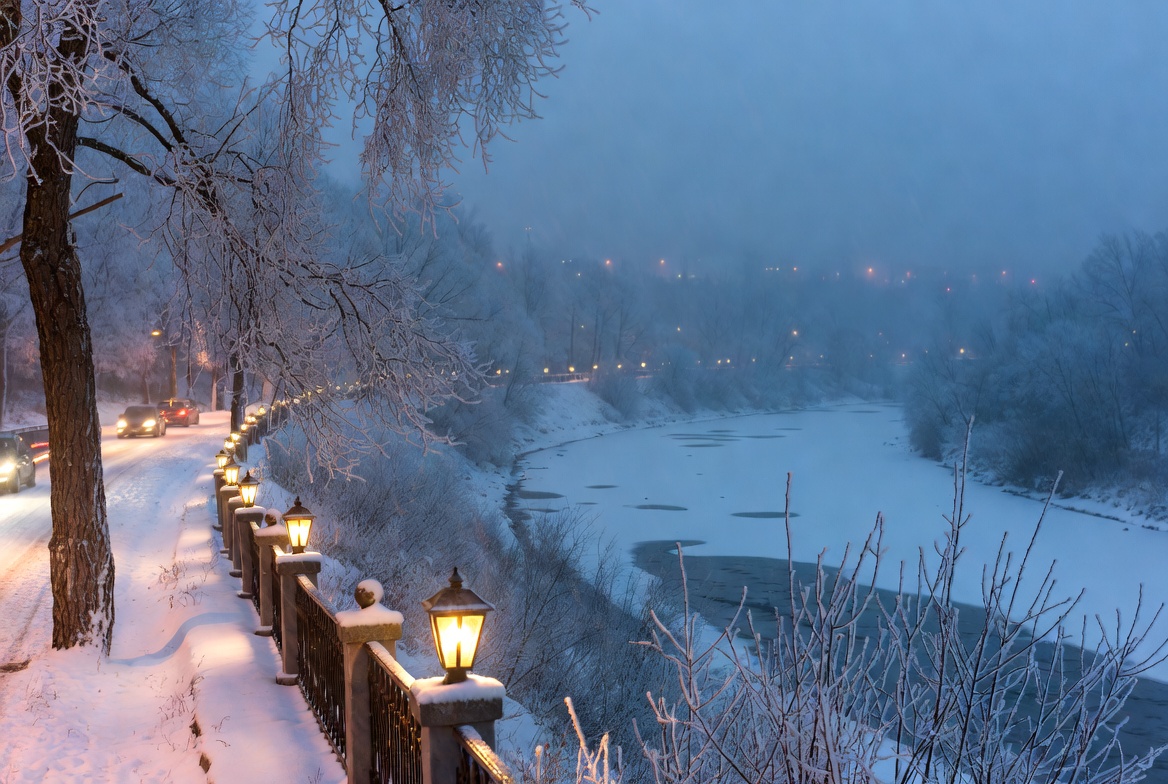 Snowy River Pathway with Lanterns at Night Snowy River Pathway with Lanterns at Night