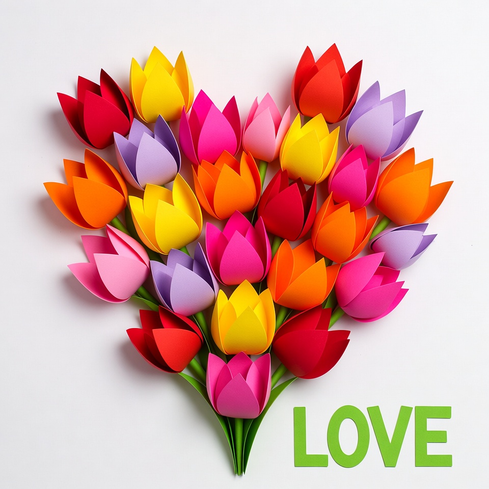 Colorful Paper Tulips Heart LOVE Colorful Paper Tulips Heart LOVE