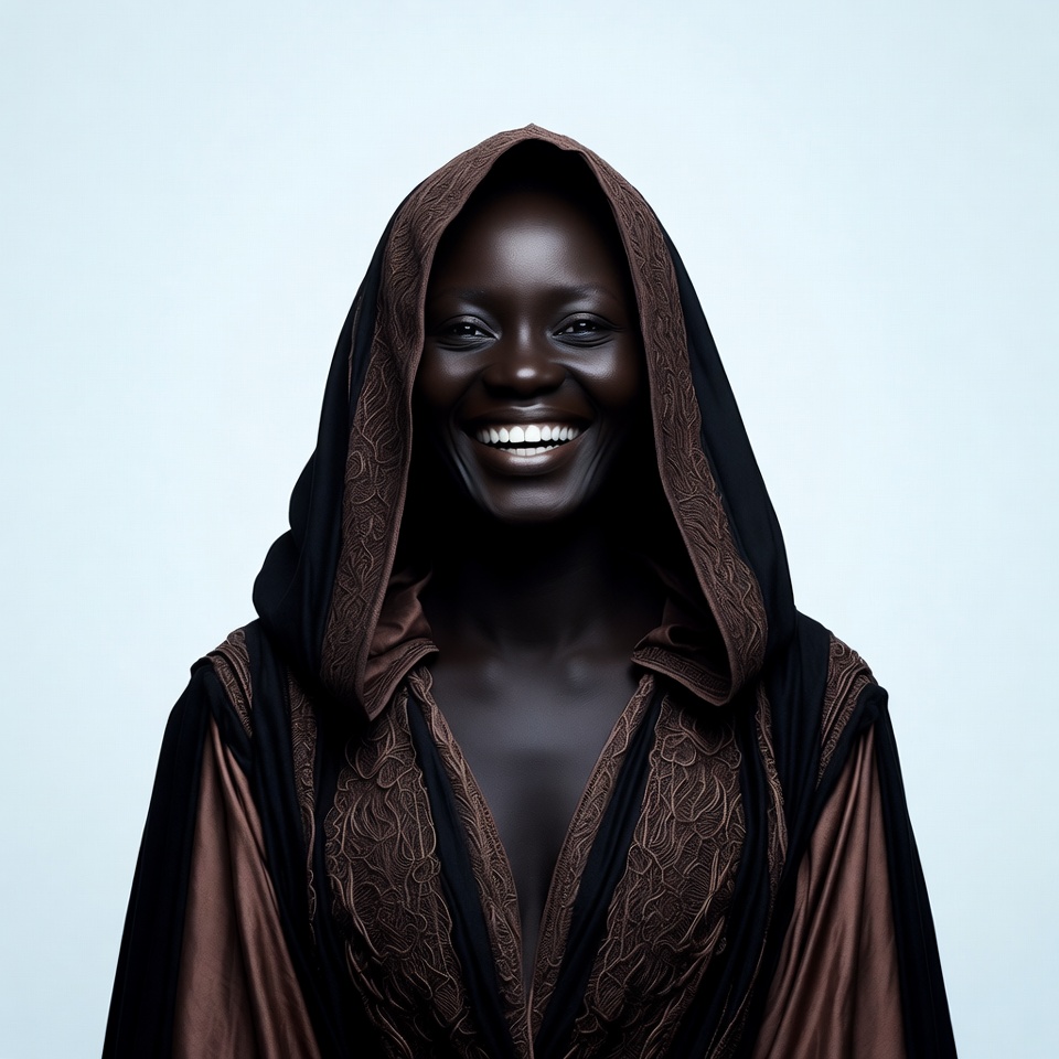 Smiling African woman in hooded robe Smiling African woman in hooded robe