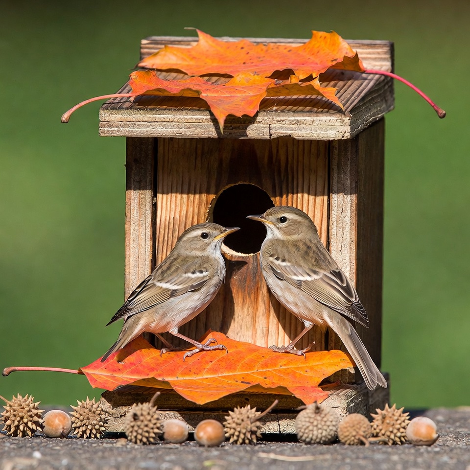 Two sparrows in birdhouse with autumn leaves Two sparrows in birdhouse with autumn leaves
