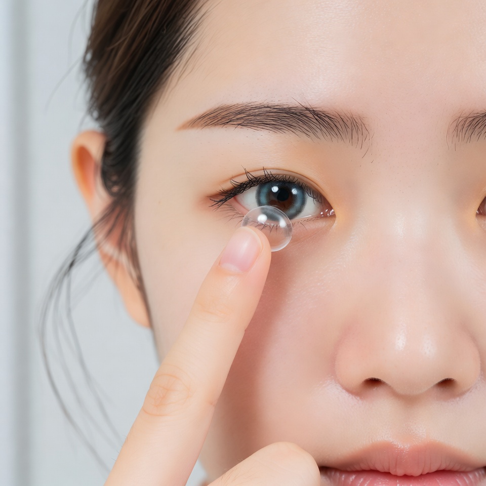 Asian woman inserting contact lens Asian woman inserting contact lens