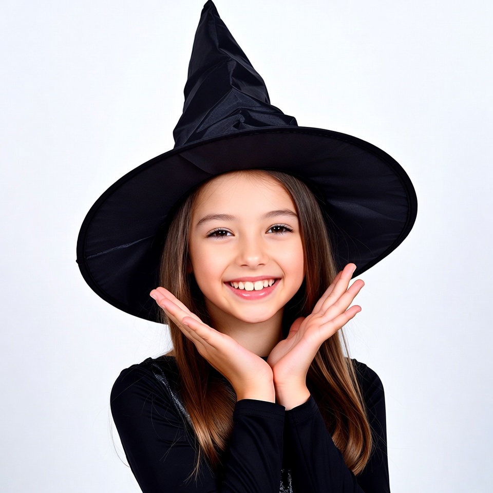 Girl in witch hat smiling excitedly Girl in witch hat smiling excitedly