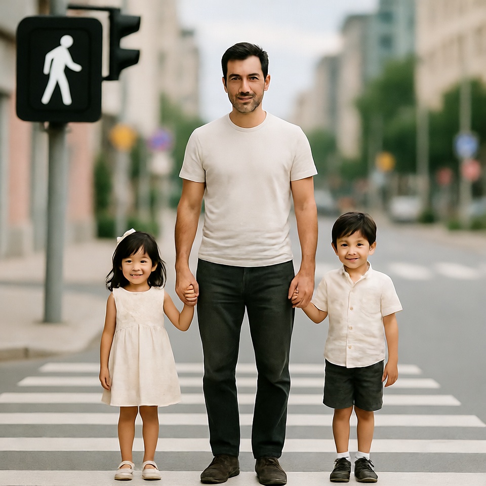 Father walking with children at crosswalk Father walking with children at crosswalk