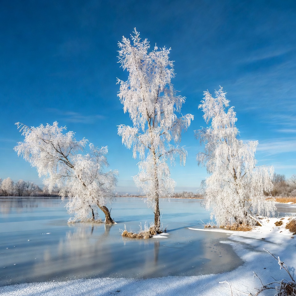 Frost-covered birch trees by icy lake Frost-covered birch trees by icy lake
