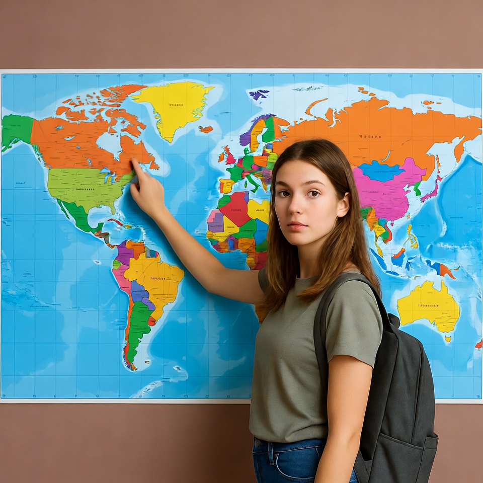 Girl pointing at world map Girl pointing at world map