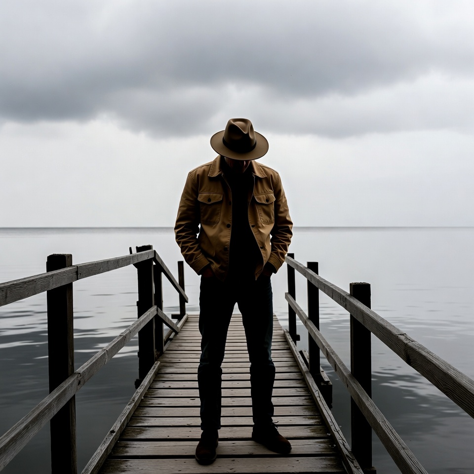 Man in trench coat on pier Man in trench coat on pier
