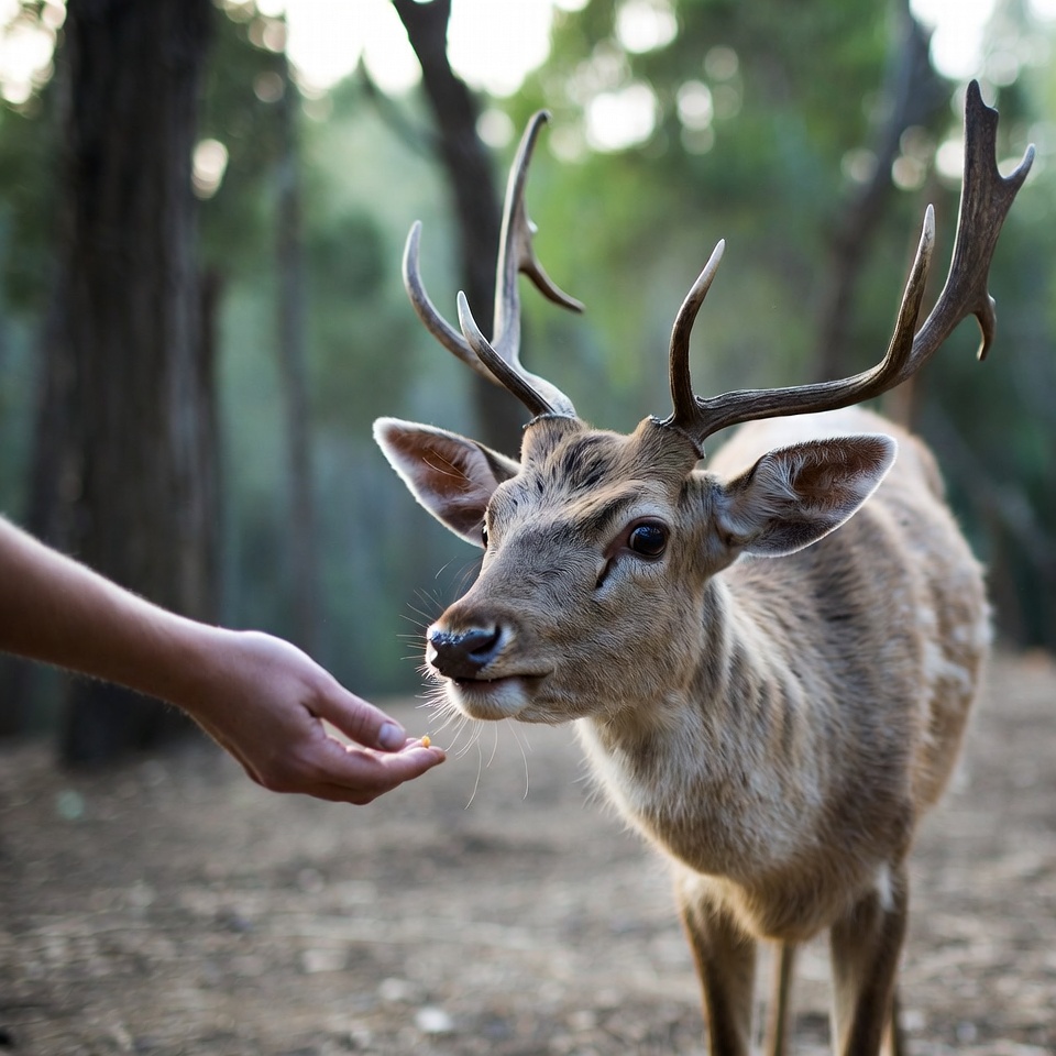 Woman feeding deer in forest Woman feeding deer in forest
