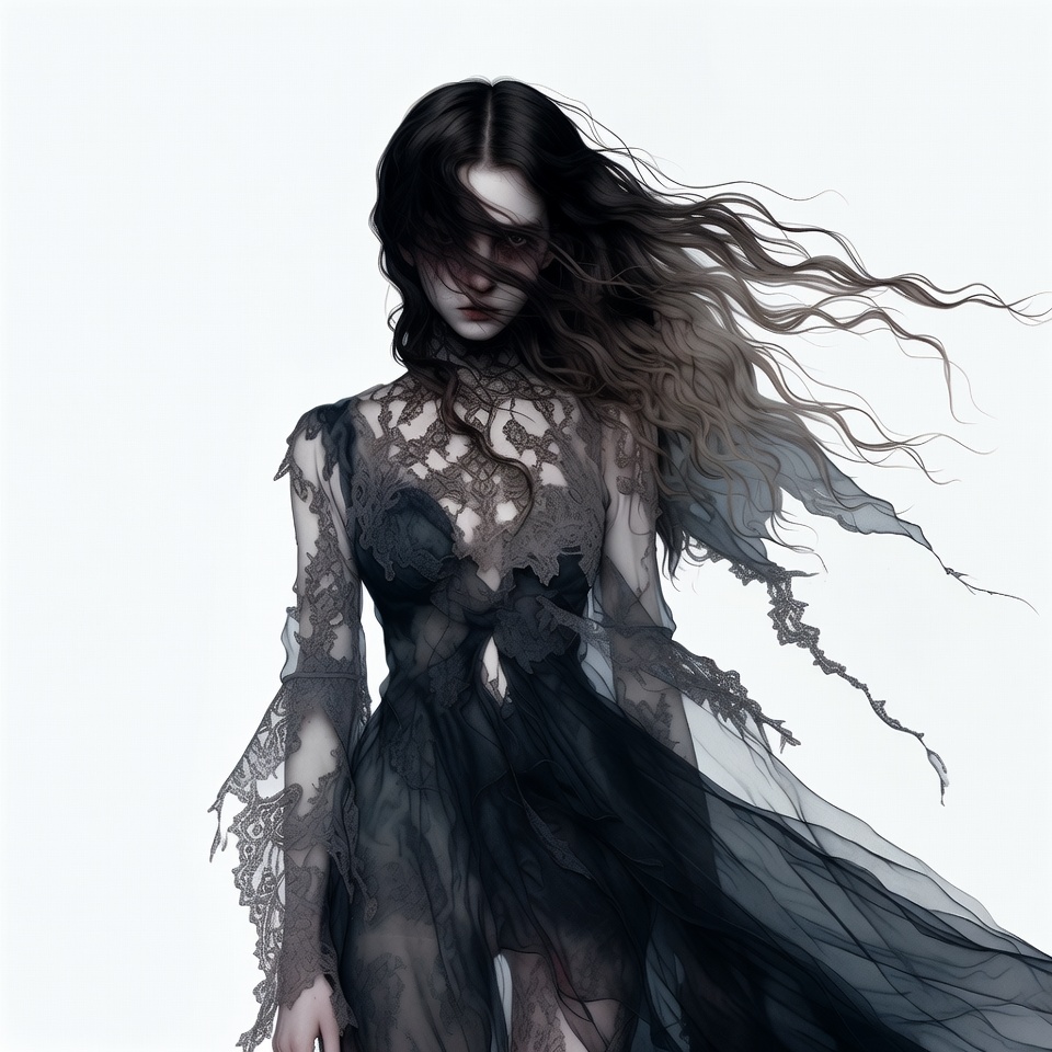 Woman in flowing black lace gown Woman in flowing black lace gown