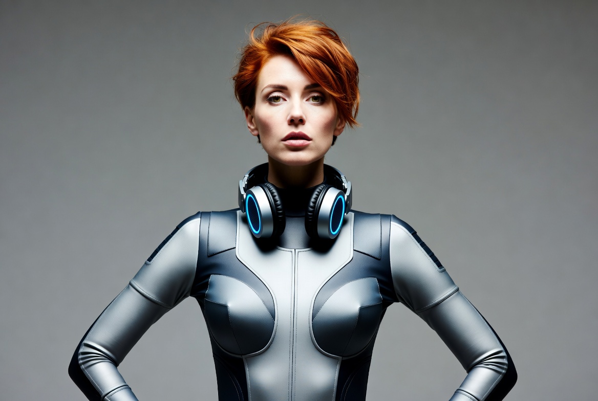 Redhead woman in silver bodysuit with headphones Redhead woman in silver bodysuit with headphones